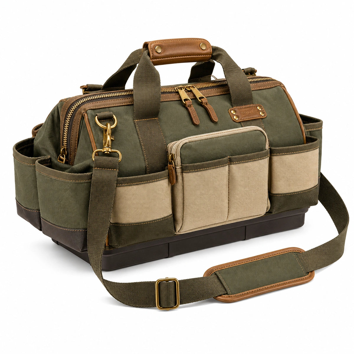 Bolsa de herramientas verde/caqui con correas ajustables y múltiples bolsillos