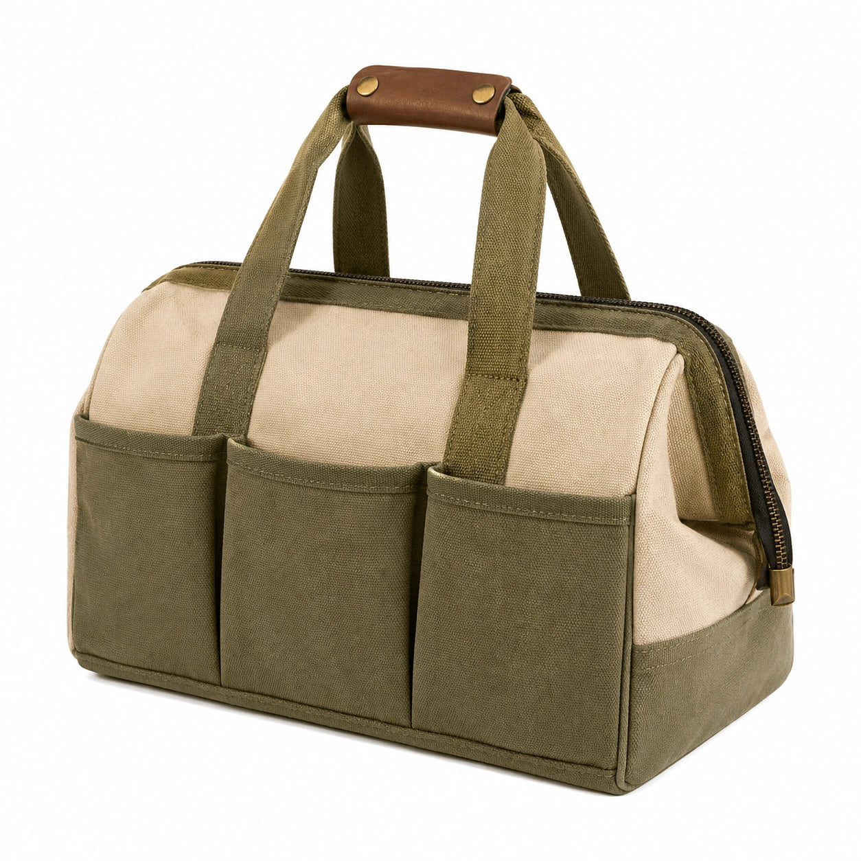 Bolsa de Herramientas Verde y Beige con Asa de Cuero