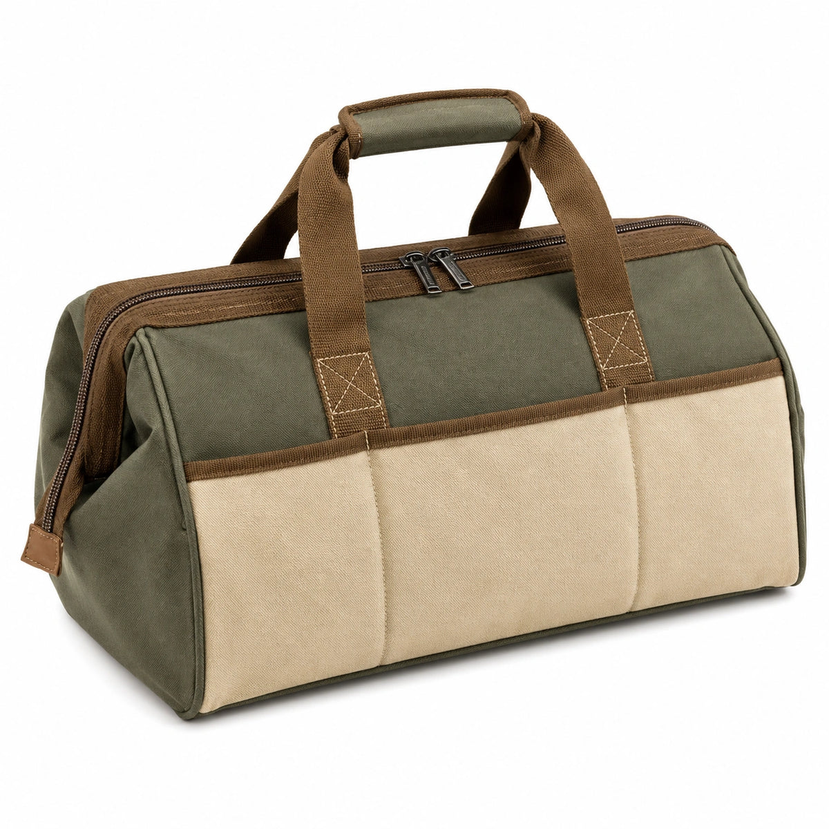 Bolsa de herramientas de lona verde y beige con cremalleras