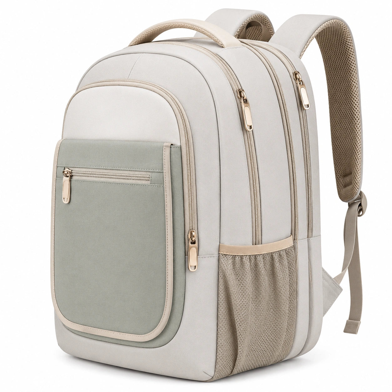 Mochila beige y verde para portátil con compartimentos múltiples