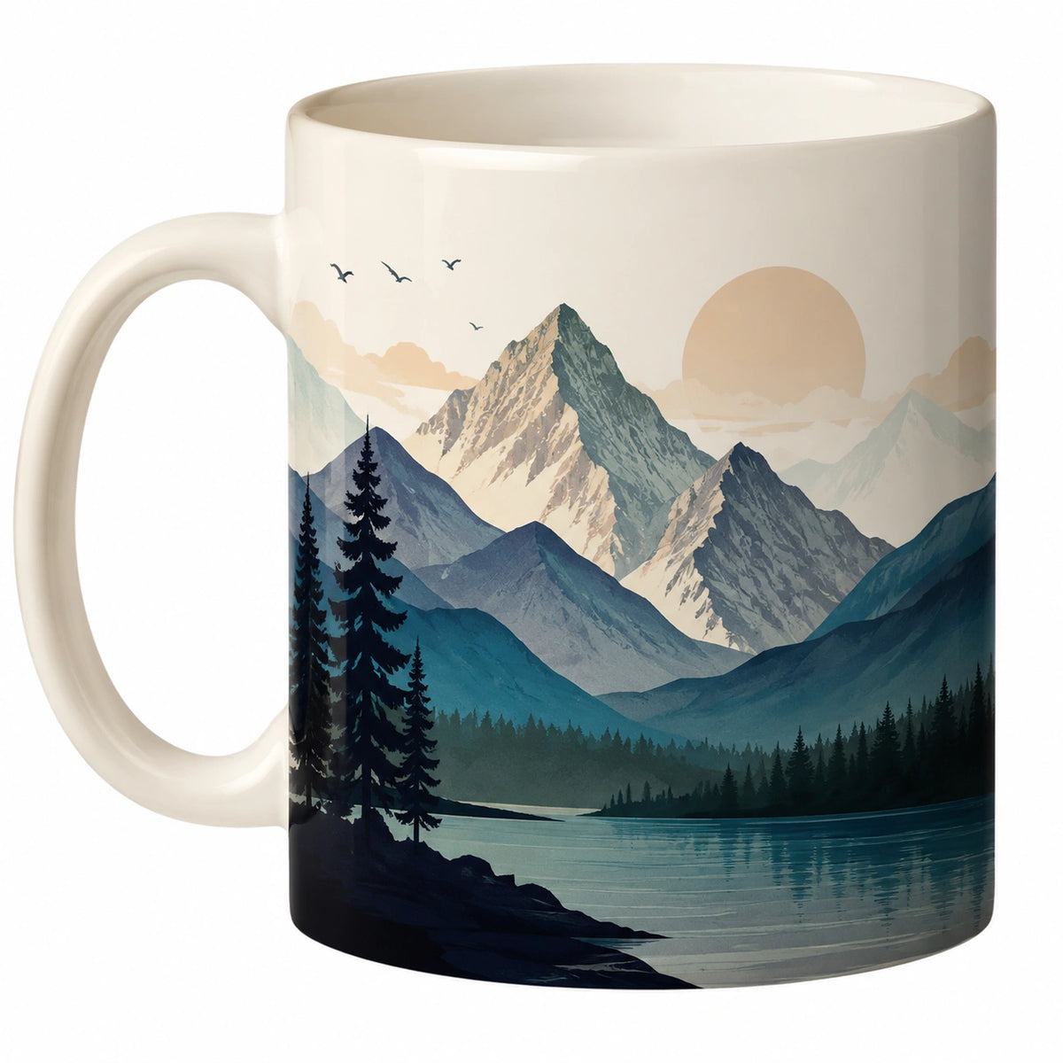 Taza de cerámica con paisaje de montaña 350ml Blanco/Azul
