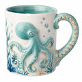 Taza de cerámica con diseño de pulpo en relieve, azul y blanco