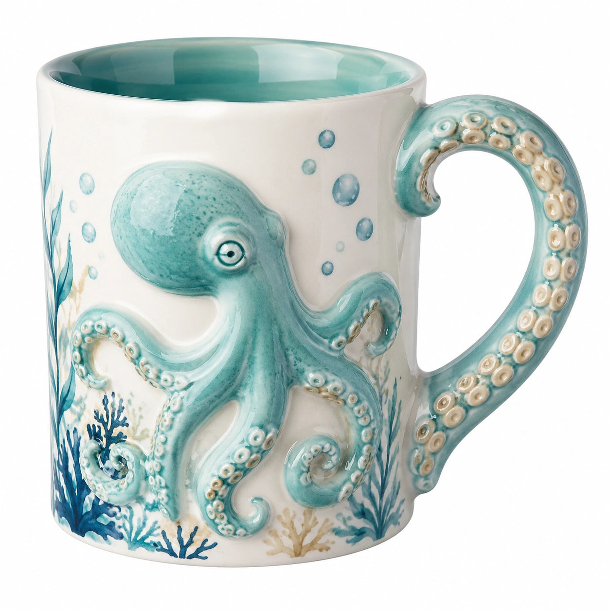 Taza de cerámica con diseño de pulpo en relieve, azul y blanco