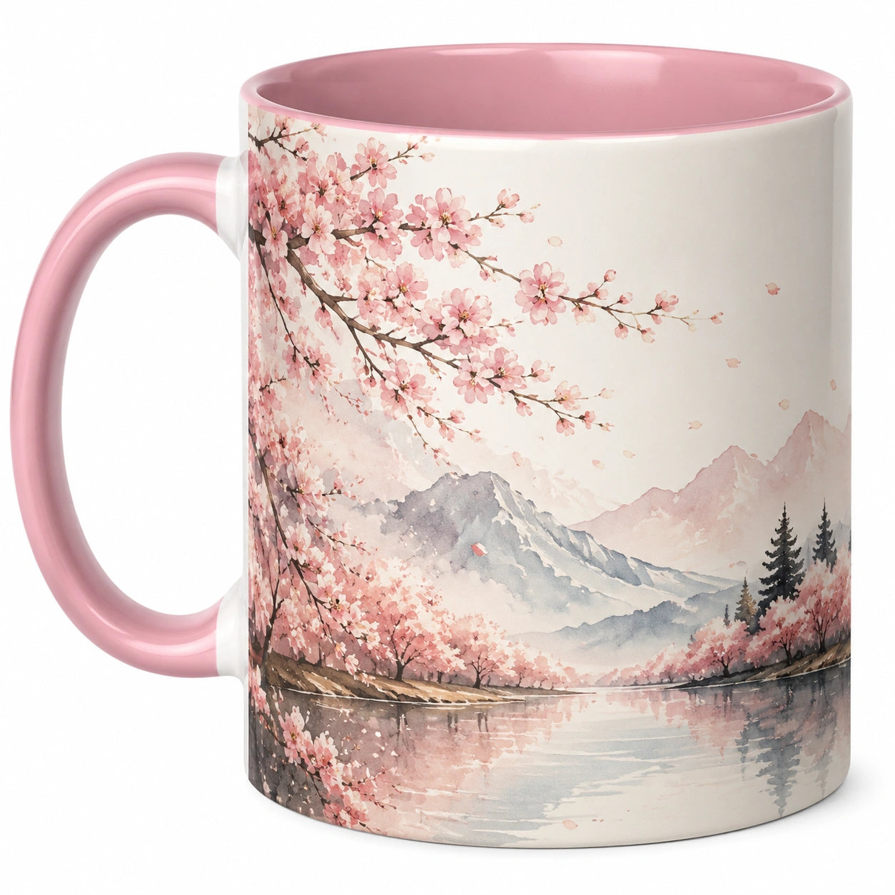 Taza de Cerámica con Diseño de Flores de Cerezo y Montañas, 350ml, Rosa/Blanco