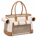 Bolso de transporte para mascotas beige y marrón con ventilación y bolsillos