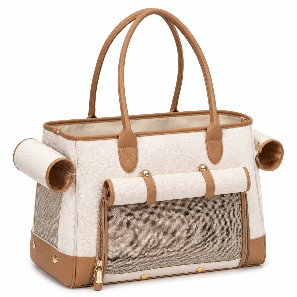 Bolso de transporte para mascotas beige y marrón con ventilación y bolsillos