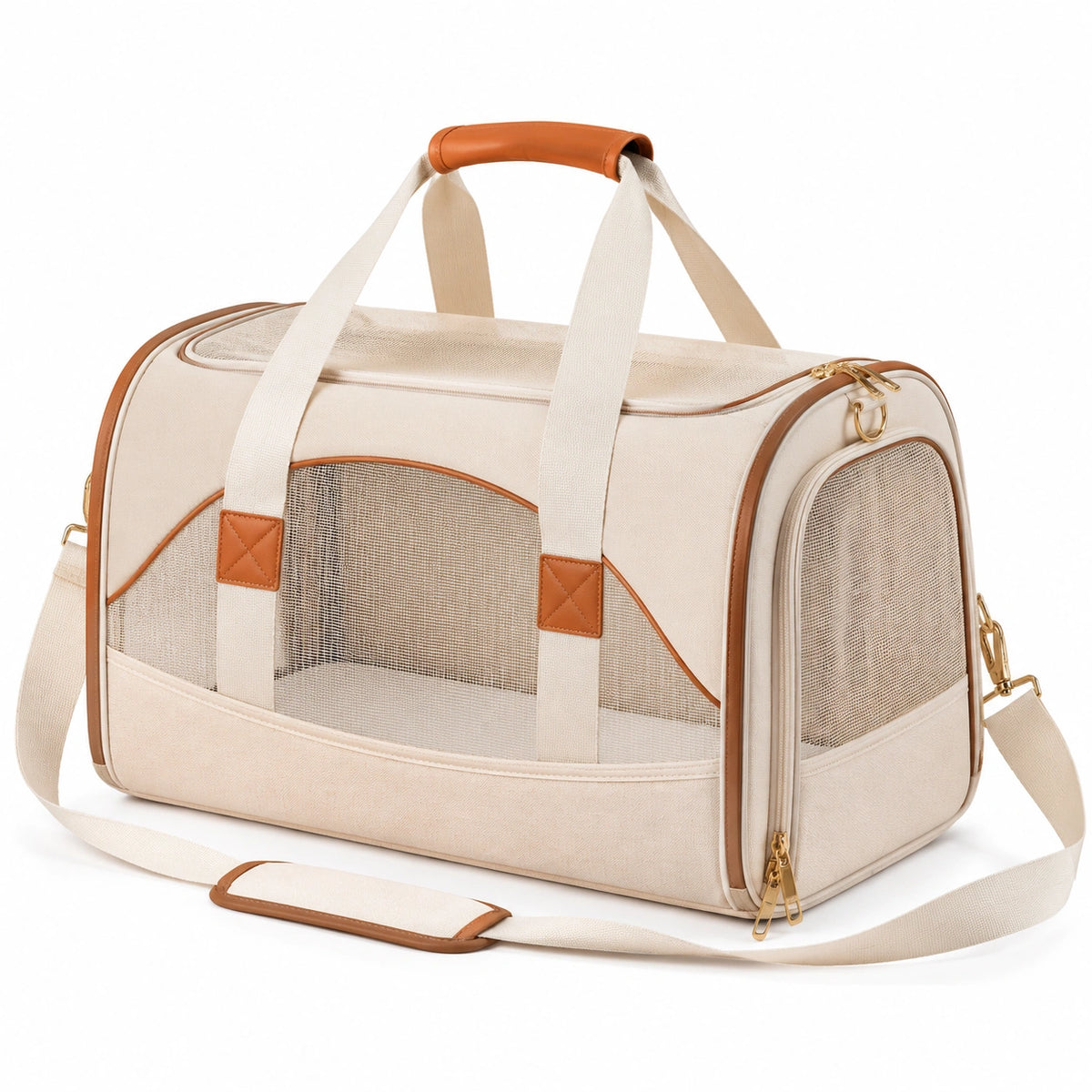 Bolso de Transporte para Mascotas Plegable Beige con Asa Acolchada